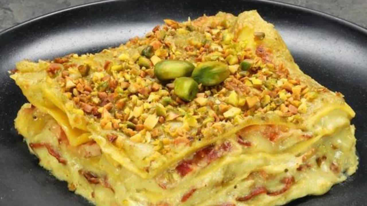 lasagne al pistacchio con provola e pancetta