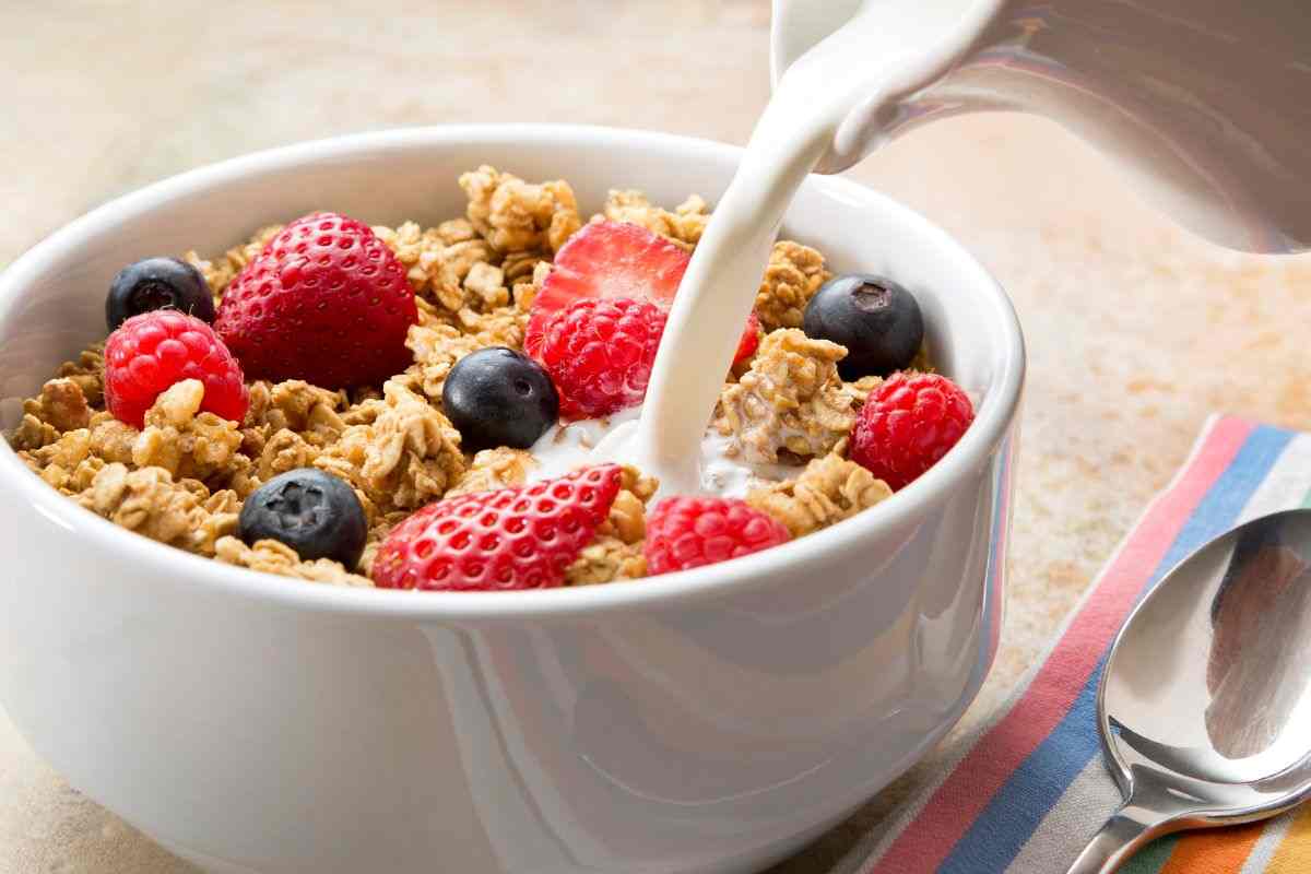 tazza di latte e cereali con frutti rossi